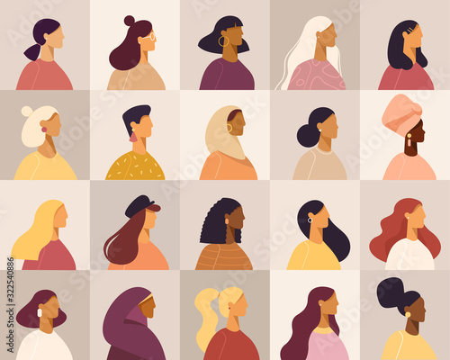 Collection of profile portraits or heads of female cartoon characters. Various nationality. Blonde, brunette, redhead, african american, asian, muslim, european. Set of avatars. Vector, flat design