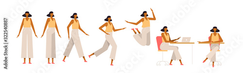 Set of a fashionable woman in different poses. Female character for your design project, animation. Vector trendy illustration, flat style. White background, isolated. Girl walk, stand, run, jump, sit