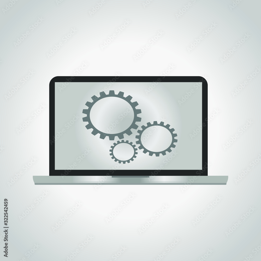 Laptop icon with a gear on the screen. Concept of work with computer devices