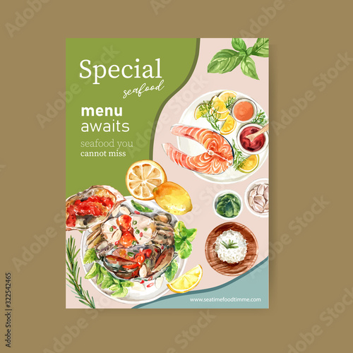 Seafood poster design with mud crab, rice, fish illustration watercolor.