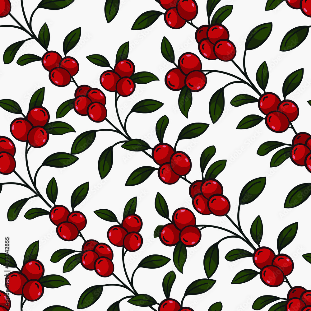 Vector seamless pattern with diagonal lingonberry twigs on white background; natural design for fabric, wallpaper, packages, wrapping paper, textile, web design.