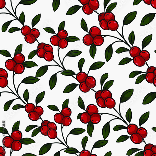 Vector seamless pattern with diagonal lingonberry twigs on white background  natural design for fabric  wallpaper  packages  wrapping paper  textile  web design.