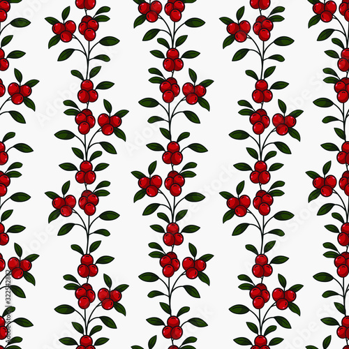 Vector seamless pattern with vertical lingonberry twigs on white background; natural design for fabric, wallpaper, packages, wrapping paper, textile, web design.