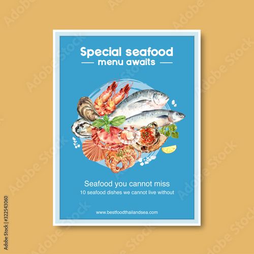 Seafood poster design with fish, mud crab, shell illustration watercolor.