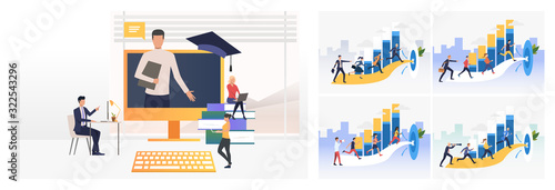 Goal achieving set. Team running to target. Flat vector illustrations. Business, leadership, teamwork concept for banner, website design or landing web page