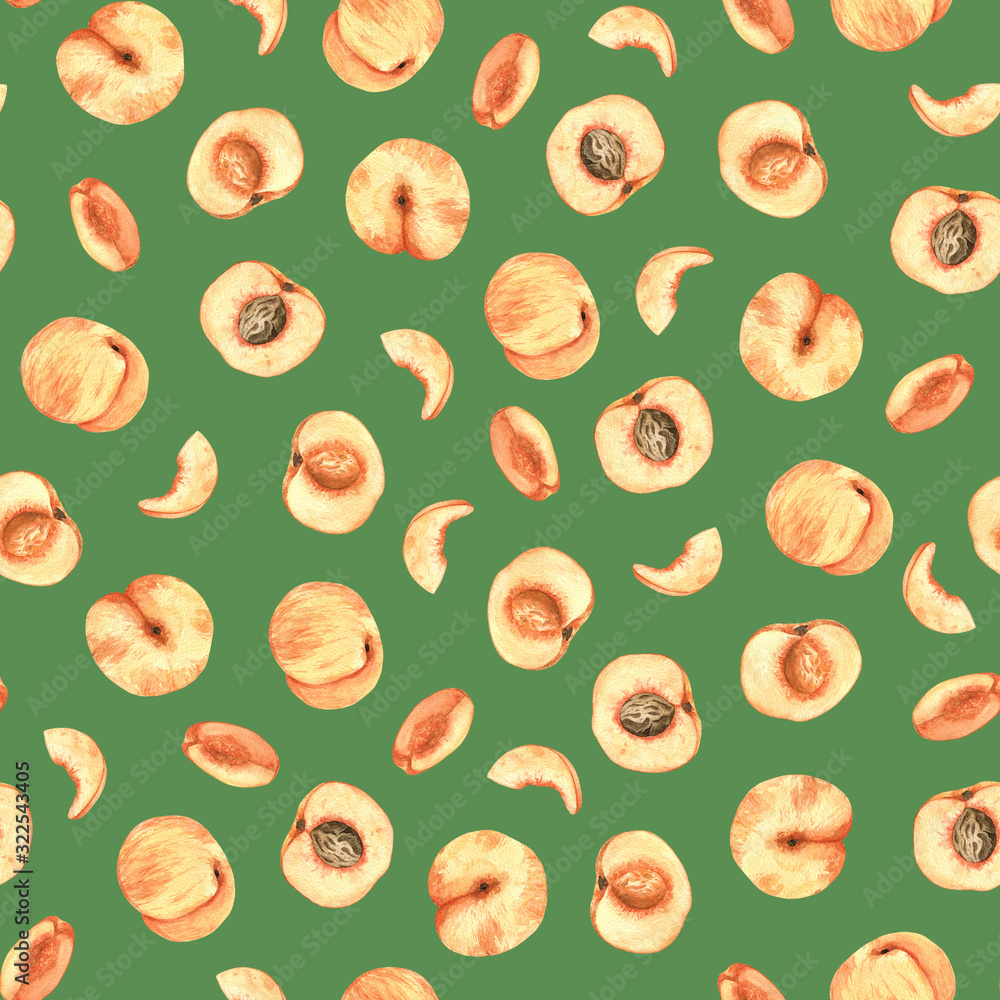 Seamless pattern with watercolor peaches. Hand drawn peach pattern. Summer pattern with fruits. Background with watercolor peaches. Seamless pattern with watercolor peaches. Hand drawn peach pattern. Summer pattern with fruits. Background with watercolor peaches.