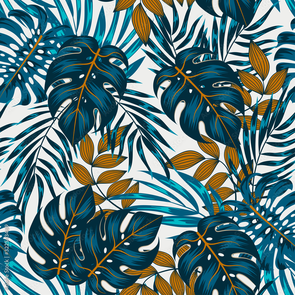 Abstract seamless tropical pattern with bright blue and orange plants and leaves on a delicate background. Jungle leaf seamless vector floral pattern background. Tropical botanical. Abstract seamless tropical pattern with bright blue and orange plants and leaves on a delicate background. Jungle leaf seamless vector floral pattern background. Tropical botanical.