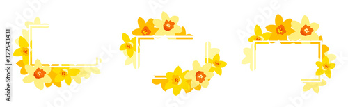 Vector set of bright positive floral frames with yellow narcissuses isolated on white. Greeting card template, poster. Design concept for banner, promotion offer, spring and summer sale, advertising.