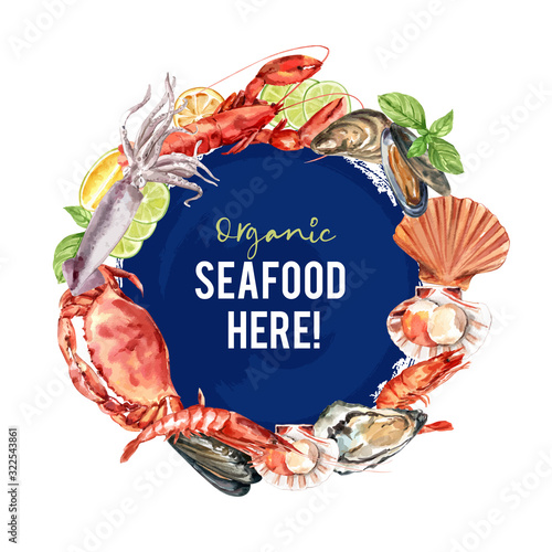 Seafood wreath design with  illustration watercolor.