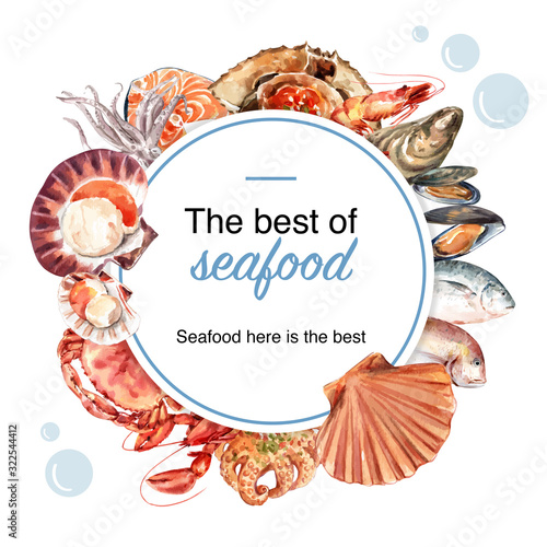 Seafood wreath design with fish, crab, oyster, mussel illustration watercolor.
