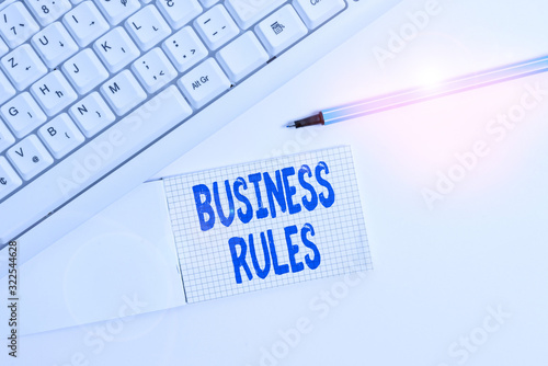 Text sign showing Business Rules. Business photo text a specific directive that constrains or defines a business White pc keyboard with empty note paper above white background photo