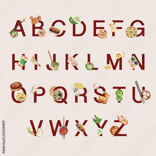 Dim sum alphabet design with steamed bun, dumpling watercolor illustration.