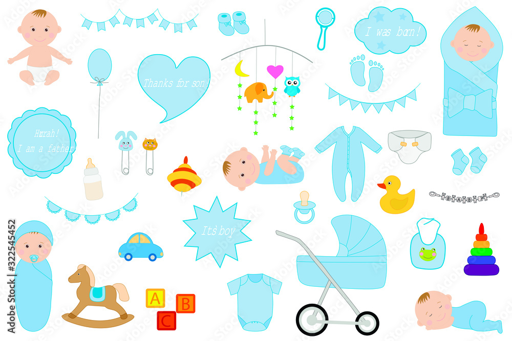 Cute newborn kids boy vector drawing. Set for a discharge from the hospital. Baby sleeps playing sucks pacifier. Cubes yula rattle stroller