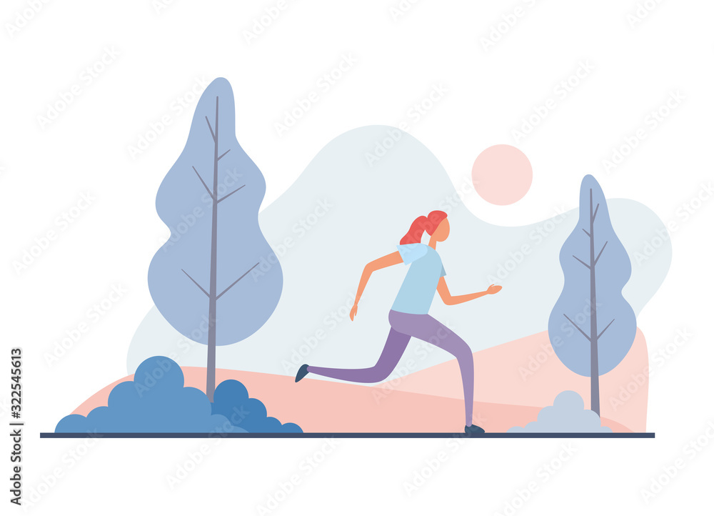 Woman running in park in morning. Flat vector illustration