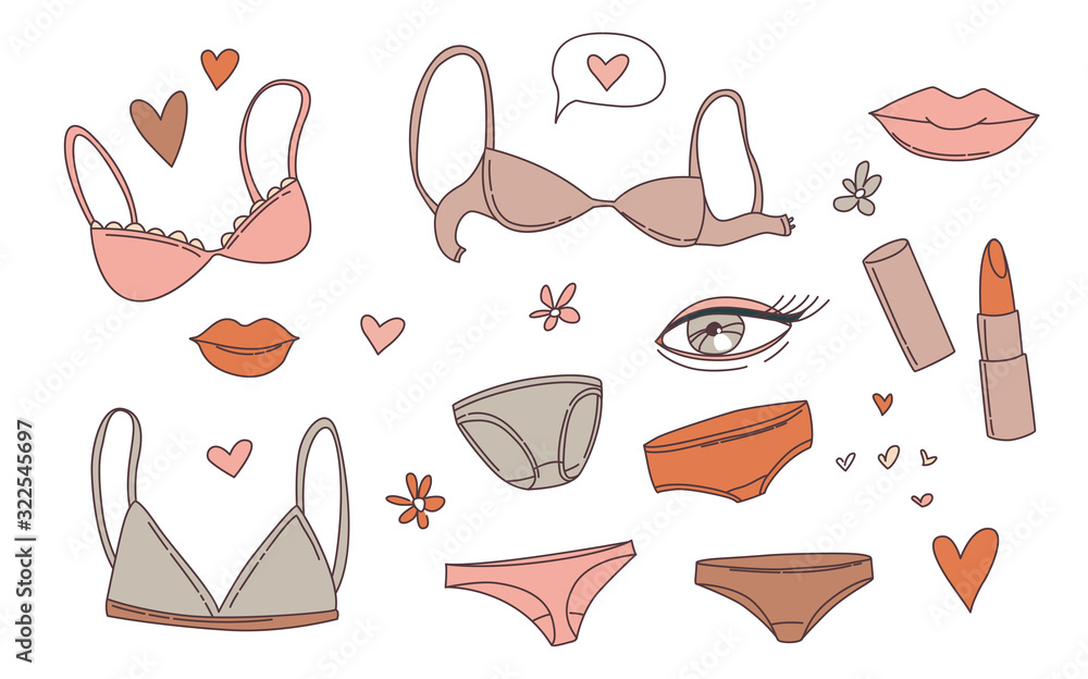 Women's underwear lingerie bras panties, lips, lipstick, flowers set stickers. - obrazy, fototapety, plakaty 