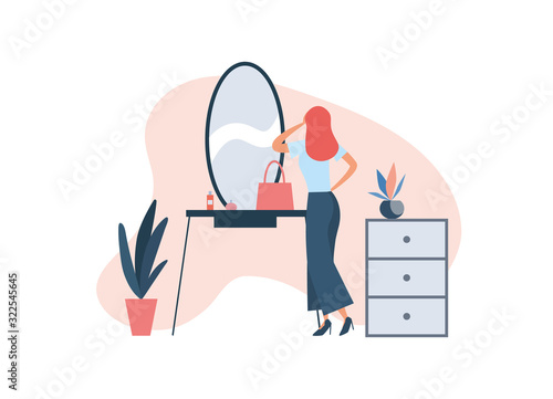 Woman applying makeup at home. Flat vector illustration