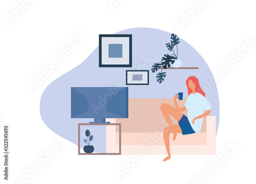 Female watching TV at home. Flat vector illustration