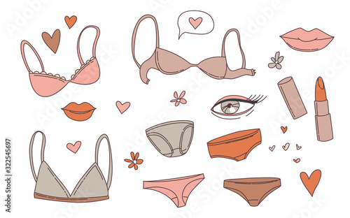 Women's underwear lingerie bras panties, lips, lipstick, flowers set stickers.