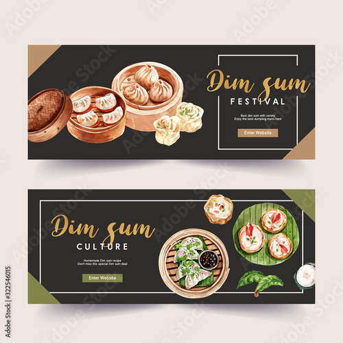 Dim sum banner design with steamed bun, dumpling watercolor illustration.