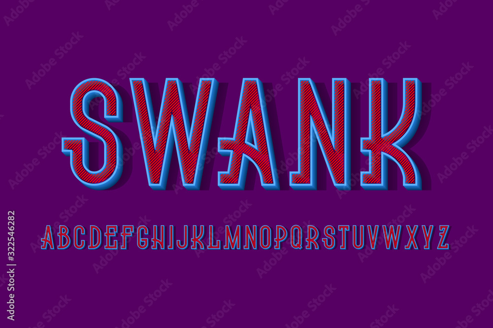 Volumetric swank alphabet of blue letters with red diagonal hatching inside. 3d display font. Isolated english alphabet.