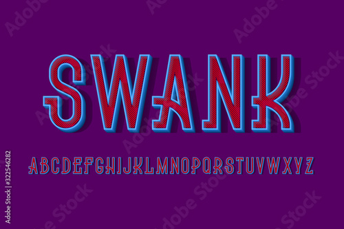 Volumetric swank alphabet of blue letters with red diagonal hatching inside. 3d display font. Isolated english alphabet.