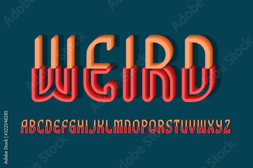 Volumetric weird alphabet of orange red letters of two parts. 3d display font. Isolated english alphabet.