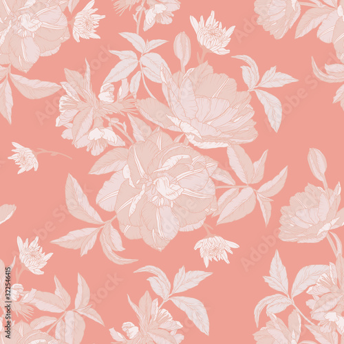 Vector floral seamless pattern with tulips, chrysanthemums and apple blossom