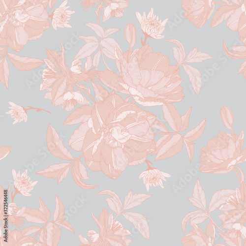 Vector floral seamless pattern with tulips, chrysanthemums and apple blossom