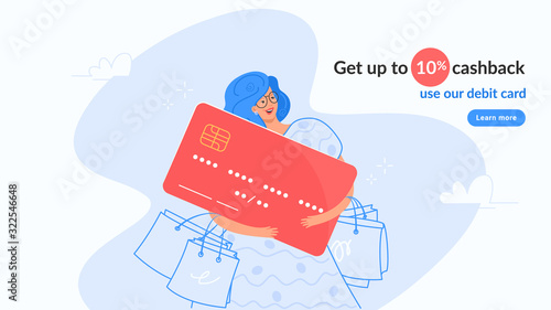 Happy smiling woman hugging big red card nd getting cashback for shopping