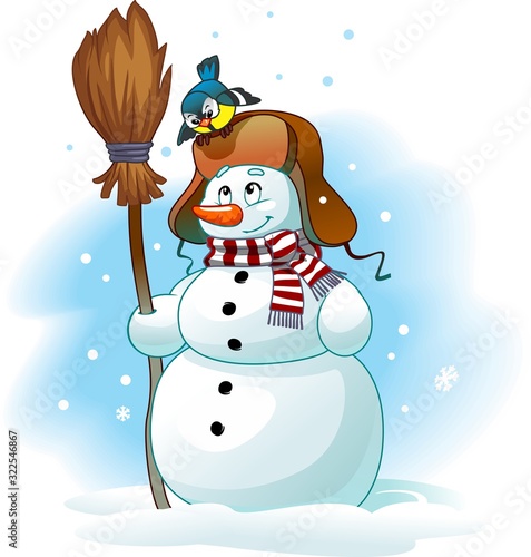 Snowman in a hat, with a broom and a bird on his head. Vector illustration.