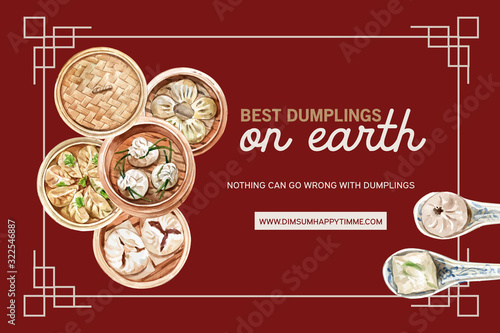 Dim sum frame design with steamed bun watercolor illustration.