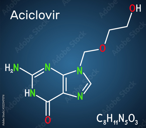 Aciclovir, acyclovir, ACV, antiviral agent, C8H11N5O3 molecule. It is used to treat herpes simplex, Varicella zoster, herpes zoster. Structural chemical formula on the dark blue background