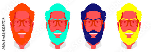 Bearded man in different colors on white background. Hipster is colored.