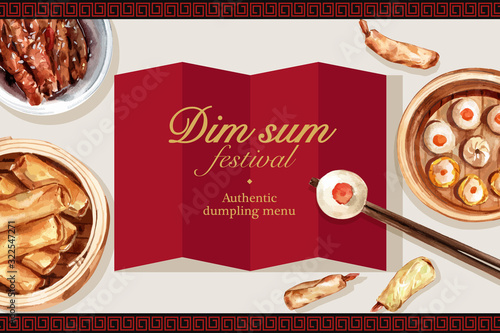 Dim sum frame design with tofu, dumpling watercolor illustration.