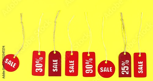 Stop motion animated movie. Price tags sale  labels business and finance concept.
