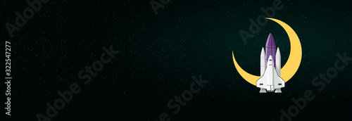 The spacecraft is launched into space for a month. Space rocket on stars and moon background.