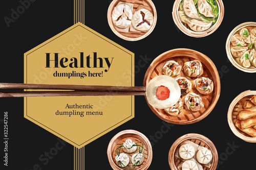 Dim sum frame design with dumpling, steamed bun watercolor illustration.