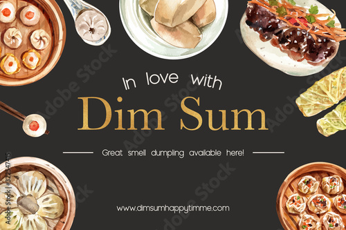 Dim sum frame design with steamed bun watercolor illustration.