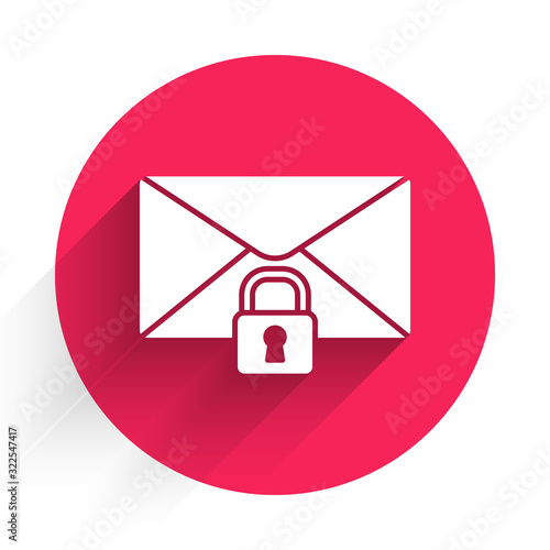 White Mail message lock password icon isolated with long shadow. Envelope with padlock. Private, security, secure, protection, privacy. Red circle button. Vector Illustration
