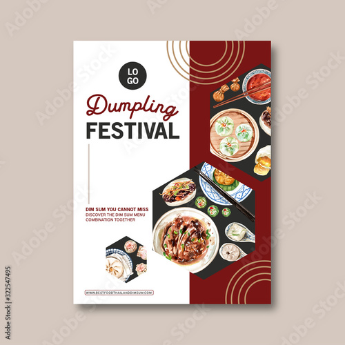 Dim sum poster design with dumpling, steamed bun watercolor illustration.