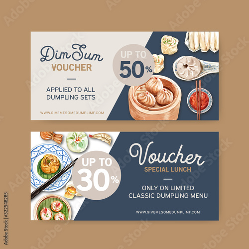 Dim sum voucher design with dumpling, steamed bun watercolor illustration.