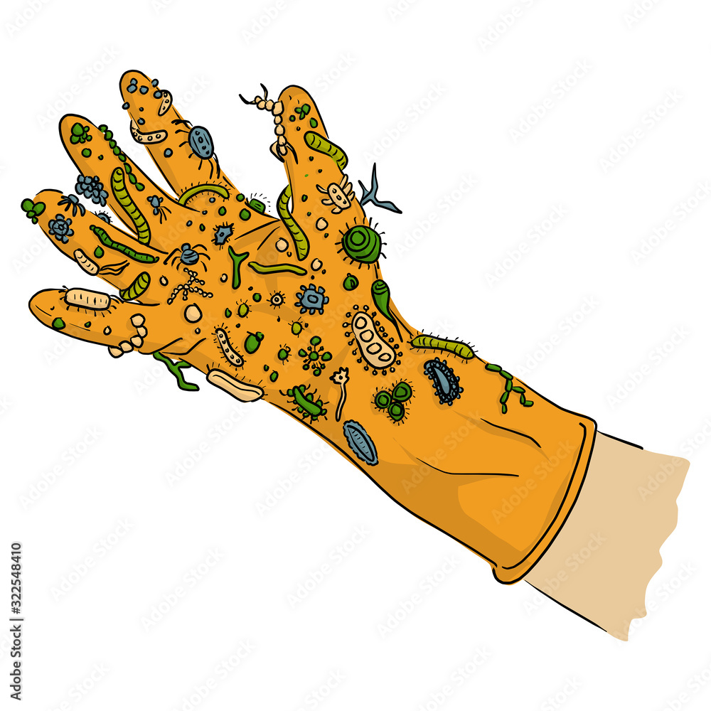 hand with yellow glove with varous kinds of germs vector illustration ...