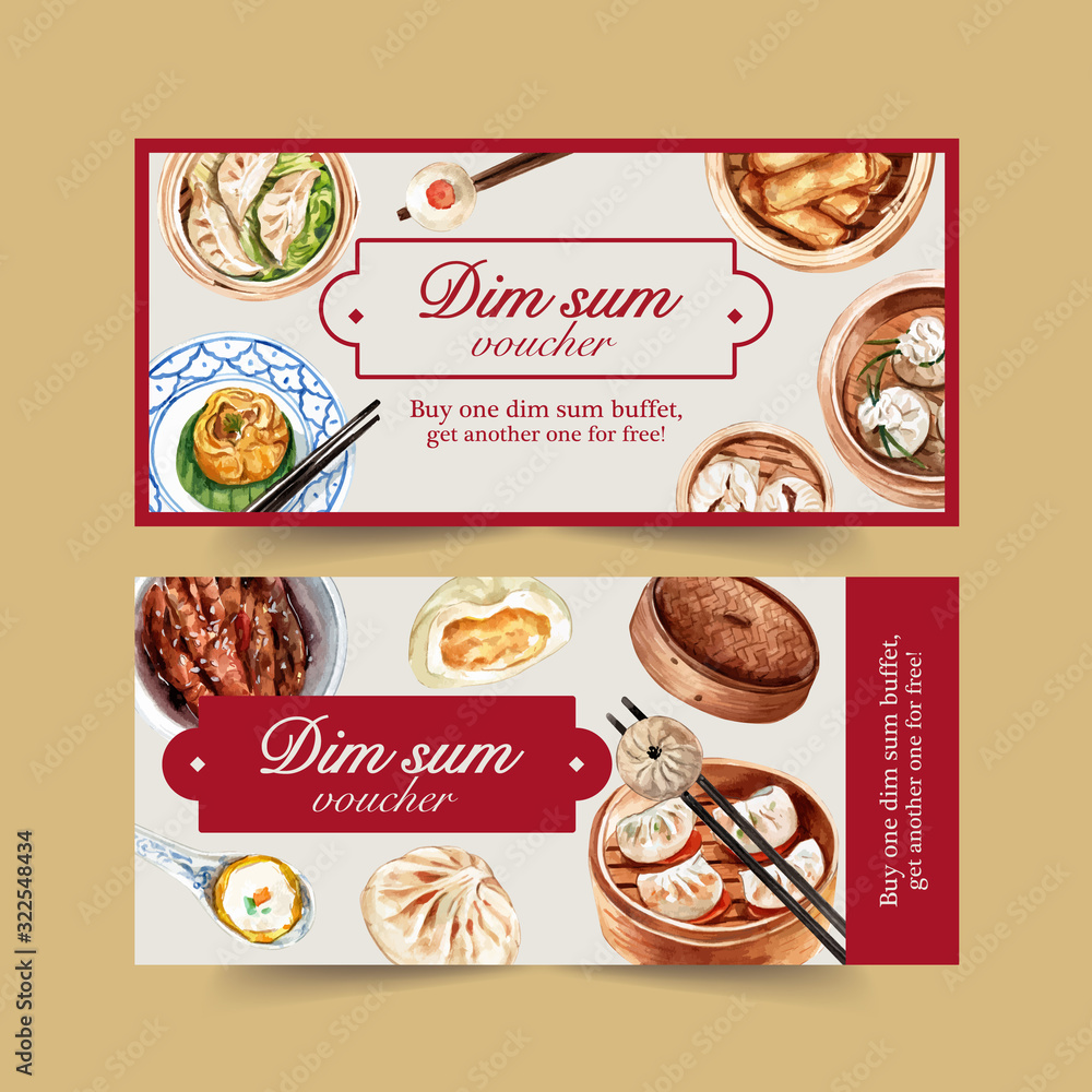 Dim sum voucher design with steamed bun, dumpling watercolor illustration.