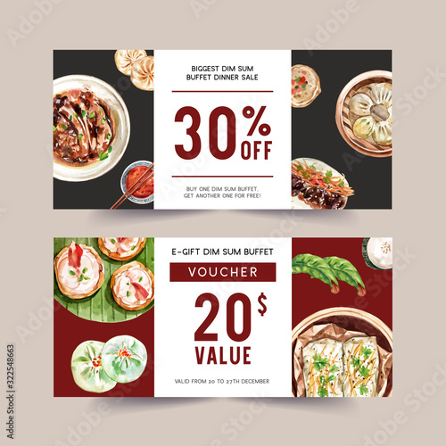 Dim sum voucher design with dumpling, braised pork watercolor illustration.