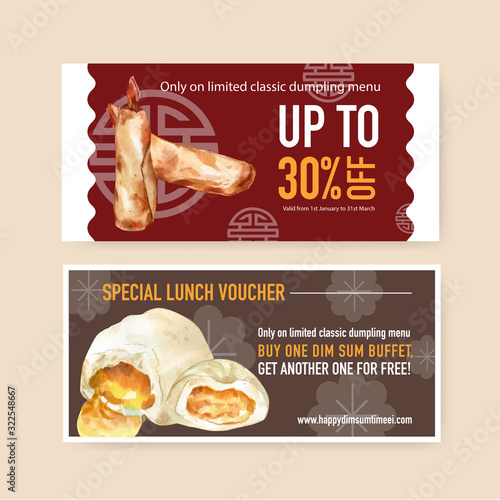 Dim sum voucher design with steamed bun, spring roll watercolor illustration.