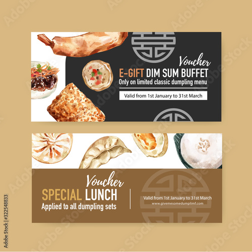 Dim sum voucher design with steamed bun, dumpling watercolor illustration.