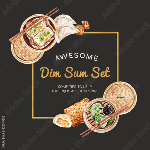 Dim sum wreath design with steamed bun watercolor illustration.
