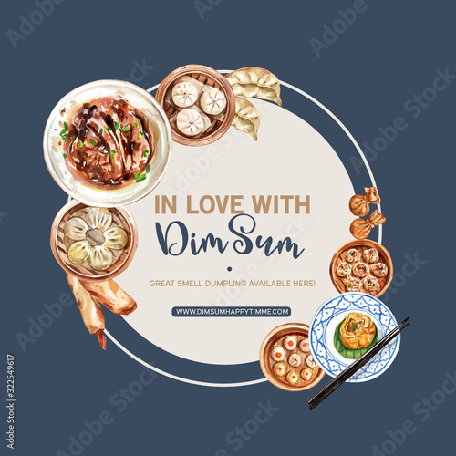 Dim sum wreath design with dumpling, steamed bun watercolor illustration.