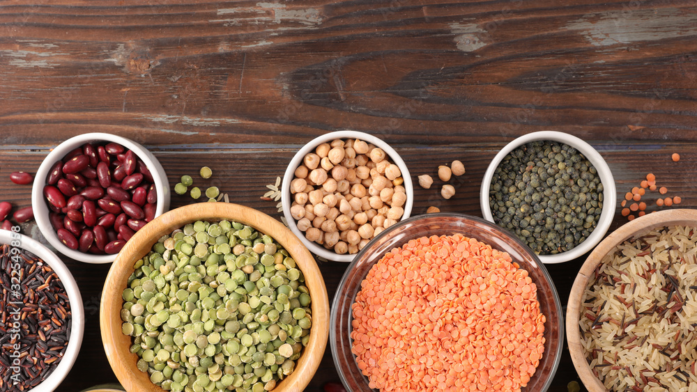 assorted of cereals, grains with lentils, pea, chickpea and rice