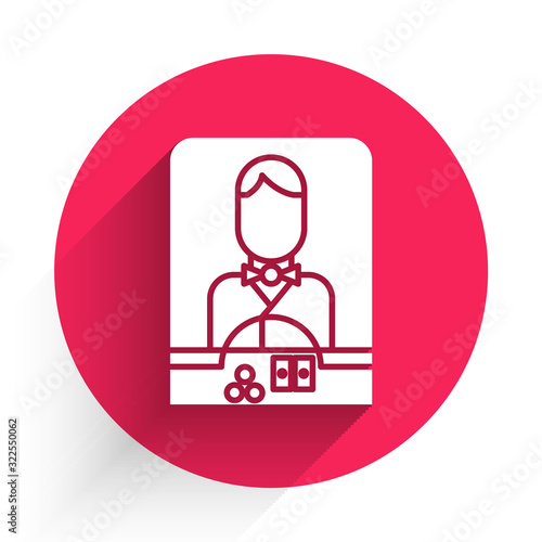 White Casino dealer icon isolated with long shadow. Casino croupier. Red circle button. Vector Illustration